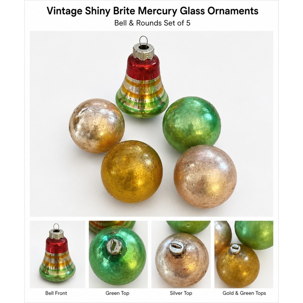 Vintage Shiny Brite Mercury Glass Christmas Ornaments Bell &‎ Rounds Set of 5